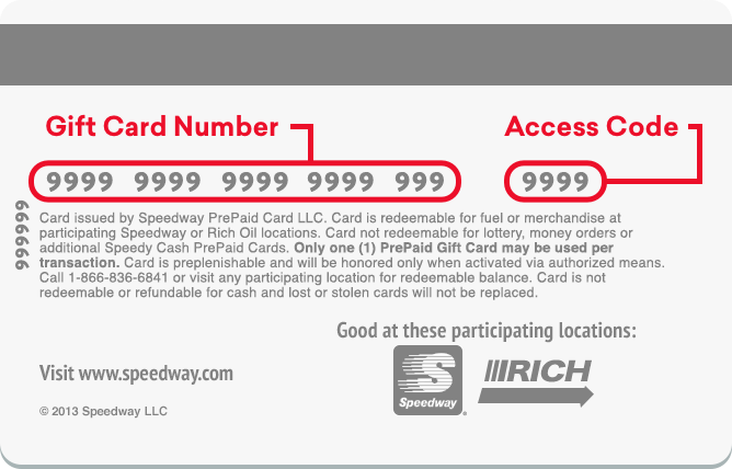 Gift card number and access code located on the back of the Speedy Cash card