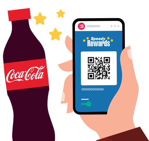 Coke bottle with a mobile phone showing a QR code in the Speedway app